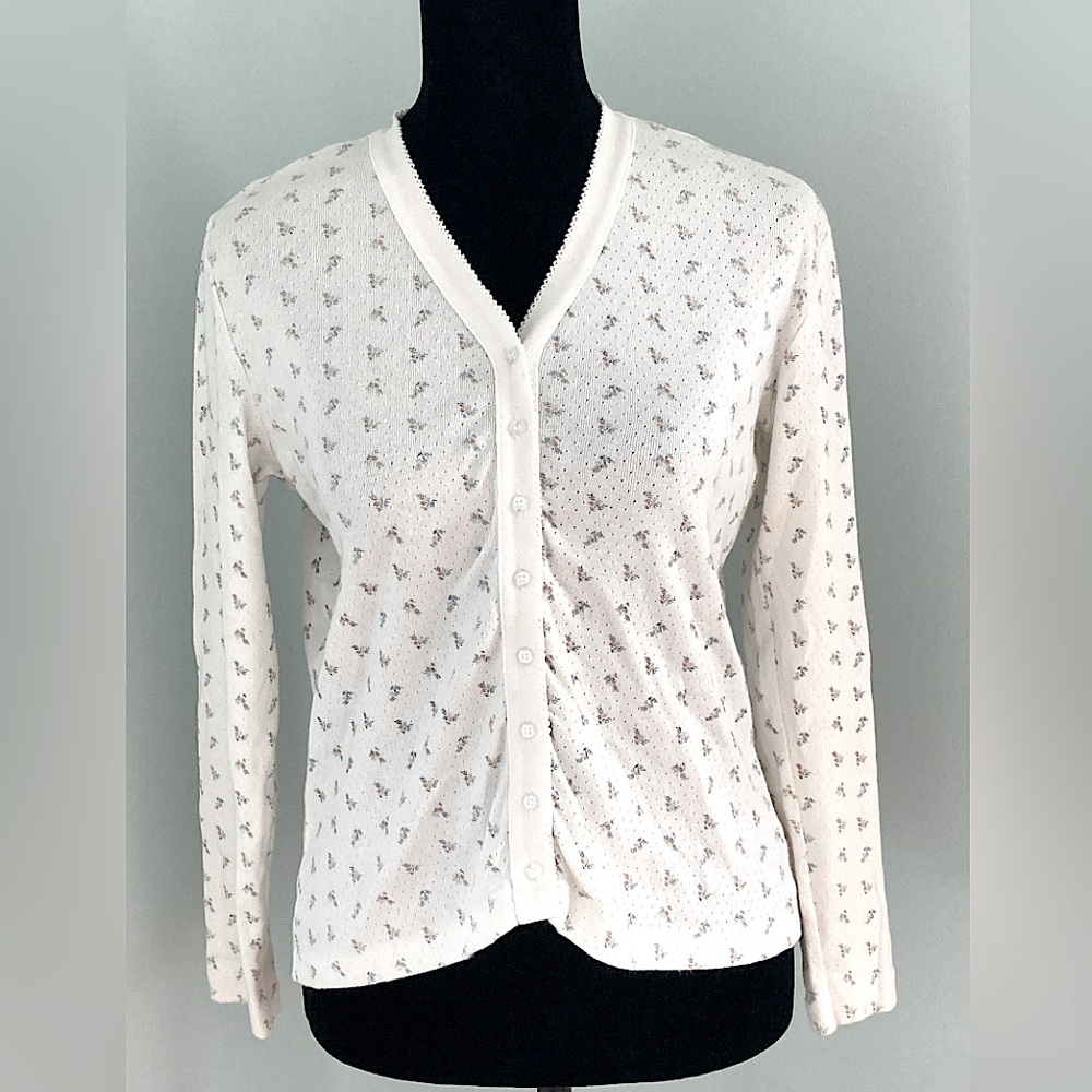 Liz Claiborne Vintage Lizwear Petite Cotton Cardigan White Floral Print Size PS